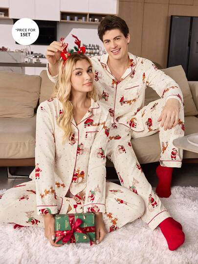 CoupledUp بيجامة عيد الميلاد طباعة رسومات الثلج والرنة وسانتا كلوز، ملابس علوية كم طويل وبنطلون لون بيج، ملابس شتوية للرجال