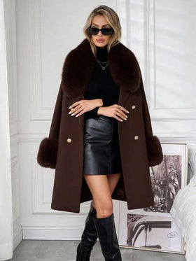 SHEIN Clasi معطف أنيق طويل مزود بحزام وتشطيب فرو مزدوج الصدر للنساء في فصلي الخريف والشتاء