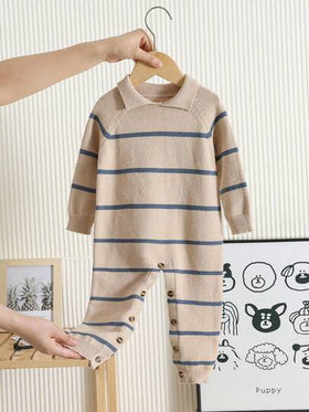 SHEIN جمبسوت رومبر طويلة الأكمام بياقة بولو مخطط للأطفال حديثي الولادة بنين/بنات، دافئة وعصرية، مناسبة للخريف/الشتاء، كنزة صوفية أطفال روضة