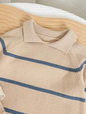 SHEIN جمبسوت رومبر طويلة الأكمام بياقة بولو مخطط للأطفال حديثي الولادة بنين/بنات، دافئة وعصرية، مناسبة للخريف/الشتاء، كنزة صوفية أطفال روضة