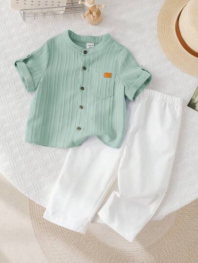 SHEIN طقم بنطال وقميص قصير الأكمام من قطعتين لوليد/طفل رضيع/أطفال صغار بلون سادة بسيط، للعطلات الموسمية، ربيع/صيف/خريف