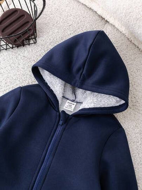 SHEIN جمبسوت رضيع ذات قبعة من الصوف المحبوك السميك الناعم باللون الأزرق الداكن، مزودة بسحاب، مناسبة للارتداء داخل المنزل وخارجه في فصلي الخريف والشتاء