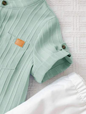 SHEIN طقم بنطال وقميص قصير الأكمام من قطعتين لوليد/طفل رضيع/أطفال صغار بلون سادة بسيط، للعطلات الموسمية، ربيع/صيف/خريف