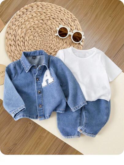 SHEIN طقم جينز مكون من 3 قطع للأطفال الرضع ذكور/إناث، مناسب للربيع والخريف: جاكيت جينز بأكمام طويلة مع طوق وإغلاق بأزرار، ملابس علوية بياقة مضفرة بأكمام قصيرة، بنطلون جينز كاجوال باهت. ناعم، مريح، متعدد الاستخدامات للخروج والمدرسة والمنزل