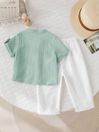SHEIN طقم بنطال وقميص قصير الأكمام من قطعتين لوليد/طفل رضيع/أطفال صغار بلون سادة بسيط، للعطلات الموسمية، ربيع/صيف/خريف