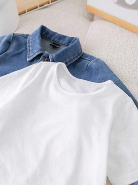 SHEIN طقم جينز مكون من 3 قطع للأطفال الرضع ذكور/إناث، مناسب للربيع والخريف: جاكيت جينز بأكمام طويلة مع طوق وإغلاق بأزرار، ملابس علوية بياقة مضفرة بأكمام قصيرة، بنطلون جينز كاجوال باهت. ناعم، مريح، متعدد الاستخدامات للخروج والمدرسة والمنزل