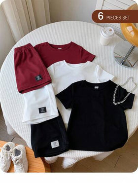 SHEIN 6 قطع/مجموعة ملابس للأطفال الرضع الأولاد/البنات للربيع والصيف، طقم قصير الأكمام بطبعات شارات و شورت بخصر مطاطي لون سادة بسيط