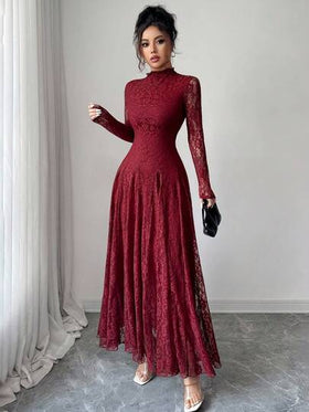 Modelyn فستان نسائي بياقة عالية وخصر مشدود بالدانتيل باللون الأحمر