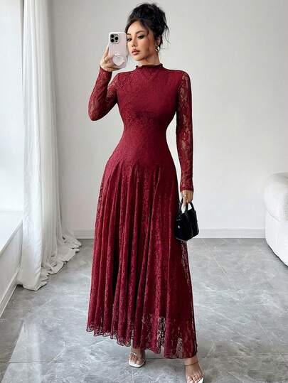 Modelyn فستان نسائي بياقة عالية وخصر مشدود بالدانتيل باللون الأحمر