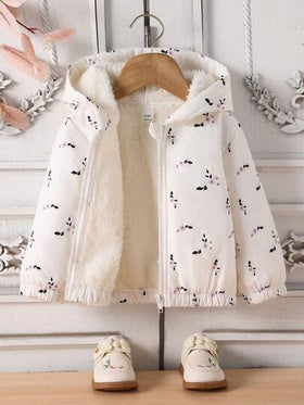 SHEIN Playful Pals معطف بناتي للأطفال الرضع والصغار للخريف/الشتاء، جاكيت كاجوال جميل بطبعات زهور وردية، دافئ وسميك، مبطن بالحرارة، مزود بقبعة