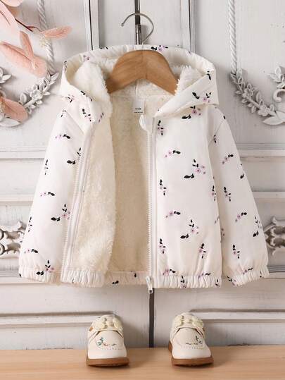 SHEIN Playful Pals معطف بناتي للأطفال الرضع والصغار للخريف/الشتاء، جاكيت كاجوال جميل بطبعات زهور وردية، دافئ وسميك، مبطن بالحرارة، مزود بقبعة