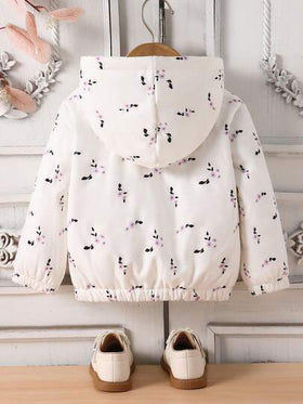 SHEIN Playful Pals معطف بناتي للأطفال الرضع والصغار للخريف/الشتاء، جاكيت كاجوال جميل بطبعات زهور وردية، دافئ وسميك، مبطن بالحرارة، مزود بقبعة