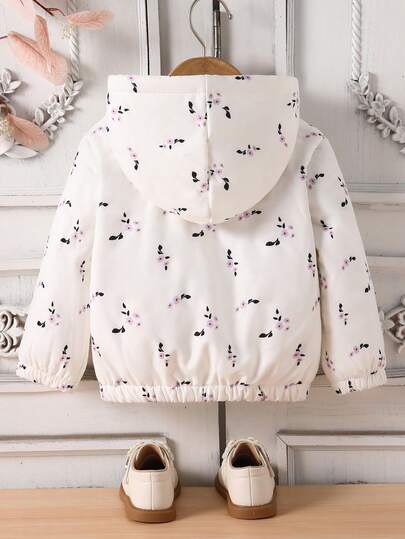 SHEIN Playful Pals معطف بناتي للأطفال الرضع والصغار للخريف/الشتاء، جاكيت كاجوال جميل بطبعات زهور وردية، دافئ وسميك، مبطن بالحرارة، مزود بقبعة