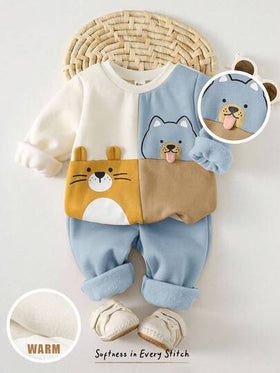 Cozy Pixies مجموعة بلوزة كنزة طويلة الأكمام برقبة طاقم وبنطلون جوجر بخصر مطاطي مطبوع بطبعات حيوانات كرتونية للأطفال الصبيان، 2 قطعة
