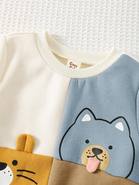 Cozy Pixies مجموعة بلوزة كنزة طويلة الأكمام برقبة طاقم وبنطلون جوجر بخصر مطاطي مطبوع بطبعات حيوانات كرتونية للأطفال الصبيان، 2 قطعة