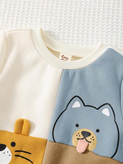 Cozy Pixies مجموعة بلوزة كنزة طويلة الأكمام برقبة طاقم وبنطلون جوجر بخصر مطاطي مطبوع بطبعات حيوانات كرتونية للأطفال الصبيان، 2 قطعة