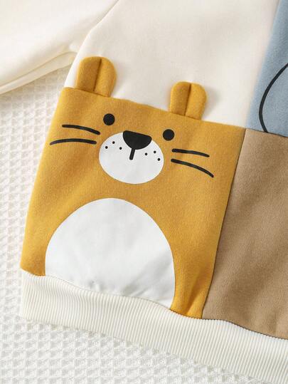 Cozy Pixies مجموعة بلوزة كنزة طويلة الأكمام برقبة طاقم وبنطلون جوجر بخصر مطاطي مطبوع بطبعات حيوانات كرتونية للأطفال الصبيان، 2 قطعة