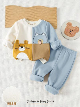 Cozy Pixies مجموعة بلوزة كنزة طويلة الأكمام برقبة طاقم وبنطلون جوجر بخصر مطاطي مطبوع بطبعات حيوانات كرتونية للأطفال الصبيان، 2 قطعة