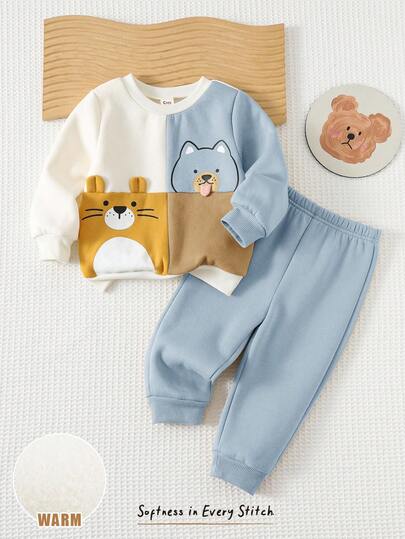 Cozy Pixies مجموعة بلوزة كنزة طويلة الأكمام برقبة طاقم وبنطلون جوجر بخصر مطاطي مطبوع بطبعات حيوانات كرتونية للأطفال الصبيان، 2 قطعة
