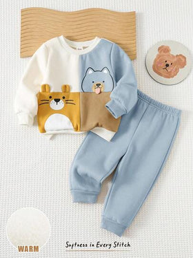 Cozy Pixies مجموعة بلوزة كنزة طويلة الأكمام برقبة طاقم وبنطلون جوجر بخصر مطاطي مطبوع بطبعات حيوانات كرتونية للأطفال الصبيان، 2 قطعة