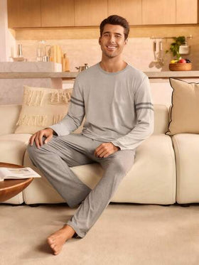 Manfinity Underwear&Sleepwear Basics بيجامة رجالية مكونة من ملابس علوية بأكمام طويلة وسراويل ذات خطوط متباينة، ملابس خريف وشتاء