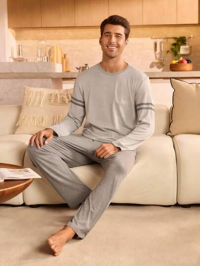 Manfinity Underwear&Sleepwear Basics بيجامة رجالية مكونة من ملابس علوية بأكمام طويلة وسراويل ذات خطوط متباينة، ملابس خريف وشتاء