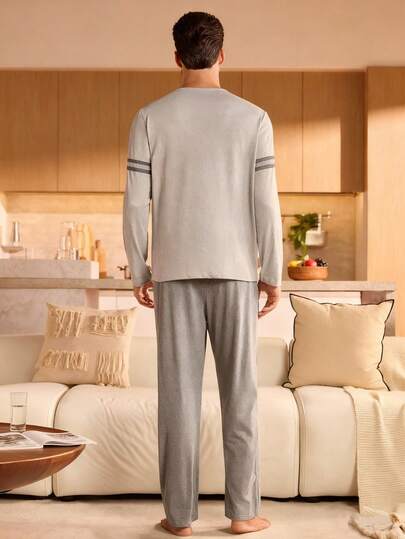 Manfinity Underwear&Sleepwear Basics بيجامة رجالية مكونة من ملابس علوية بأكمام طويلة وسراويل ذات خطوط متباينة، ملابس خريف وشتاء