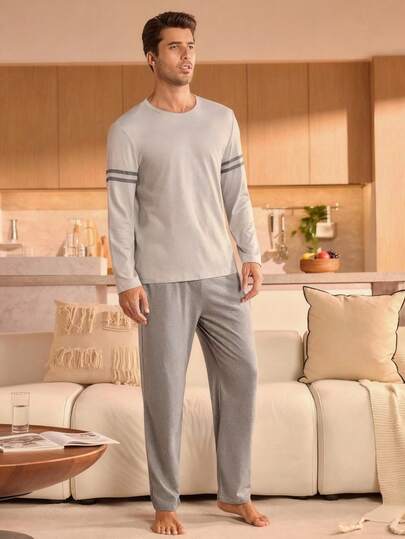 Manfinity Underwear&Sleepwear Basics بيجامة رجالية مكونة من ملابس علوية بأكمام طويلة وسراويل ذات خطوط متباينة، ملابس خريف وشتاء