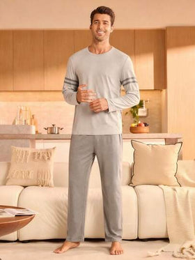 Manfinity Underwear&Sleepwear Basics بيجامة رجالية مكونة من ملابس علوية بأكمام طويلة وسراويل ذات خطوط متباينة، ملابس خريف وشتاء