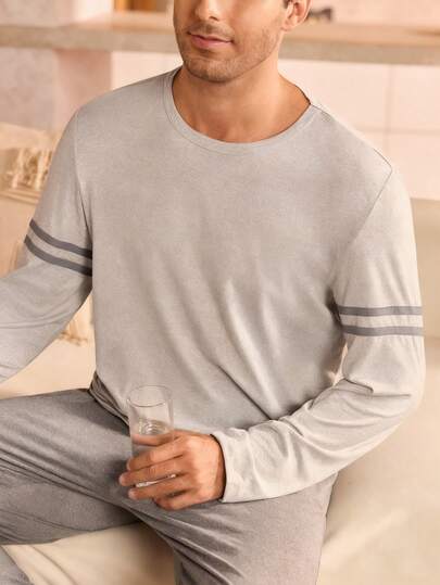 Manfinity Underwear&Sleepwear Basics بيجامة رجالية مكونة من ملابس علوية بأكمام طويلة وسراويل ذات خطوط متباينة، ملابس خريف وشتاء