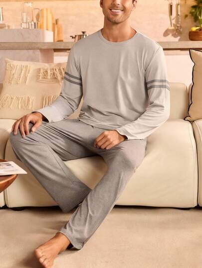 Manfinity Underwear&Sleepwear Basics بيجامة رجالية مكونة من ملابس علوية بأكمام طويلة وسراويل ذات خطوط متباينة، ملابس خريف وشتاء