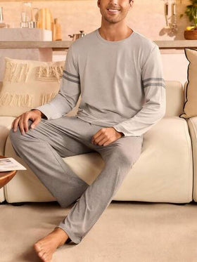 Manfinity Underwear&Sleepwear Basics بيجامة رجالية مكونة من ملابس علوية بأكمام طويلة وسراويل ذات خطوط متباينة، ملابس خريف وشتاء