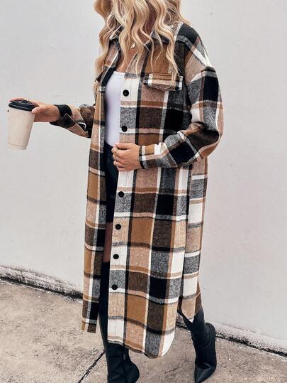 SHEIN LUNE قميص جاكيت كاجوال طويل بأكمام طويلة وأزرار للنساء، بتصميم منقوش مربعات مريح وفضفاض، بطراز رجعي بسيط للتنقل والخارج والاستخدام اليومي، مناسب للخريف