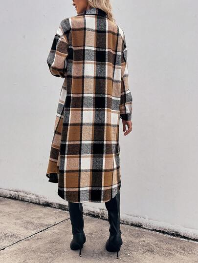 SHEIN LUNE قميص جاكيت كاجوال طويل بأكمام طويلة وأزرار للنساء، بتصميم منقوش مربعات مريح وفضفاض، بطراز رجعي بسيط للتنقل والخارج والاستخدام اليومي، مناسب للخريف