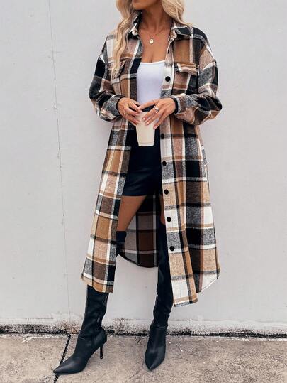 SHEIN LUNE قميص جاكيت كاجوال طويل بأكمام طويلة وأزرار للنساء، بتصميم منقوش مربعات مريح وفضفاض، بطراز رجعي بسيط للتنقل والخارج والاستخدام اليومي، مناسب للخريف