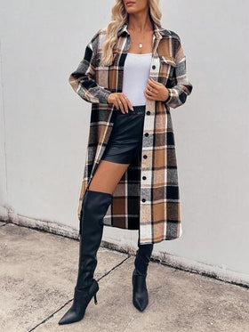 SHEIN LUNE قميص جاكيت كاجوال طويل بأكمام طويلة وأزرار للنساء، بتصميم منقوش مربعات مريح وفضفاض، بطراز رجعي بسيط للتنقل والخارج والاستخدام اليومي، مناسب للخريف