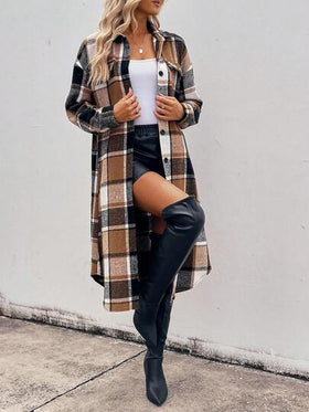 SHEIN LUNE قميص جاكيت كاجوال طويل بأكمام طويلة وأزرار للنساء، بتصميم منقوش مربعات مريح وفضفاض، بطراز رجعي بسيط للتنقل والخارج والاستخدام اليومي، مناسب للخريف
