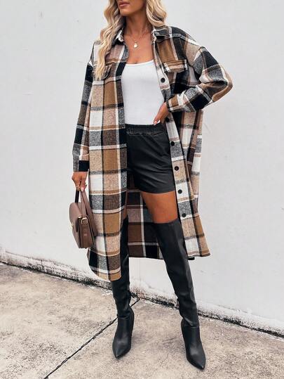 SHEIN LUNE قميص جاكيت كاجوال طويل بأكمام طويلة وأزرار للنساء، بتصميم منقوش مربعات مريح وفضفاض، بطراز رجعي بسيط للتنقل والخارج والاستخدام اليومي، مناسب للخريف