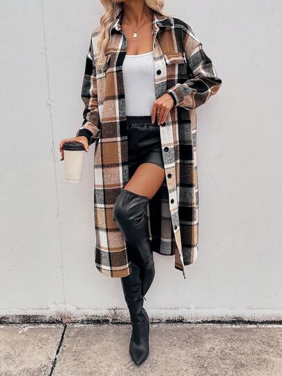 SHEIN LUNE قميص جاكيت كاجوال طويل بأكمام طويلة وأزرار للنساء، بتصميم منقوش مربعات مريح وفضفاض، بطراز رجعي بسيط للتنقل والخارج والاستخدام اليومي، مناسب للخريف