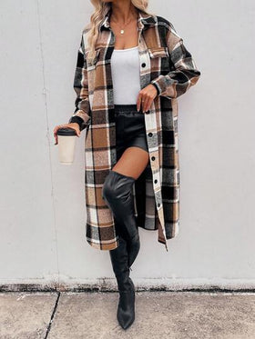 SHEIN LUNE قميص جاكيت كاجوال طويل بأكمام طويلة وأزرار للنساء، بتصميم منقوش مربعات مريح وفضفاض، بطراز رجعي بسيط للتنقل والخارج والاستخدام اليومي، مناسب للخريف