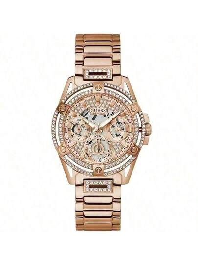 Guess ساعة يد نسائية ذهبية وردية من الملكة - قطر 40 مم من الفولاذ المقاوم للصدأ، عقارب متعددة الوظائف، مقاومة للماء 30 متر، إبزيم طيار، ساعة فاخرة للموضة للارتداء اليومي والمناسبات الخاصة GW0464L3