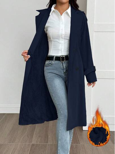 SHEIN PETITE معطف طويل الأكمام كاجوال دافئ بلون أحادي بسيط للنساء