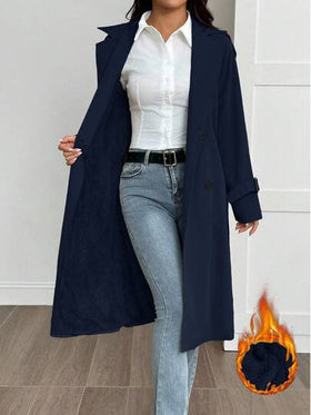 SHEIN PETITE معطف طويل الأكمام كاجوال دافئ بلون أحادي بسيط للنساء