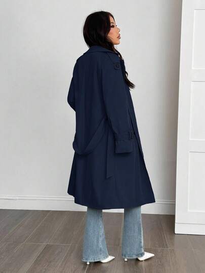 SHEIN PETITE معطف طويل الأكمام كاجوال دافئ بلون أحادي بسيط للنساء