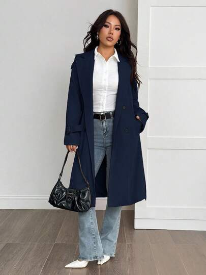 SHEIN PETITE معطف طويل الأكمام كاجوال دافئ بلون أحادي بسيط للنساء