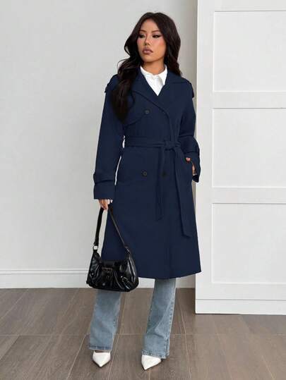 SHEIN PETITE معطف طويل الأكمام كاجوال دافئ بلون أحادي بسيط للنساء