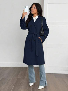 SHEIN PETITE معطف طويل الأكمام كاجوال دافئ بلون أحادي بسيط للنساء