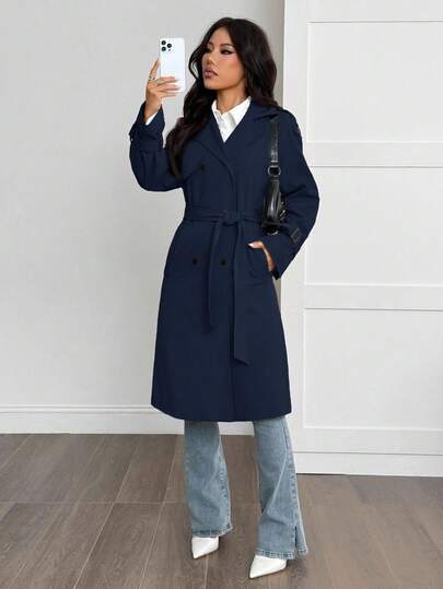 SHEIN PETITE معطف طويل الأكمام كاجوال دافئ بلون أحادي بسيط للنساء