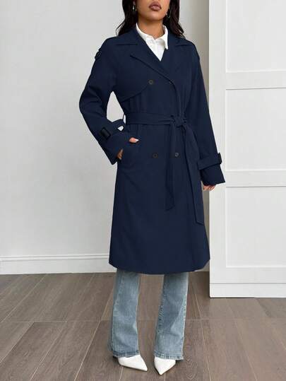 SHEIN PETITE معطف طويل الأكمام كاجوال دافئ بلون أحادي بسيط للنساء