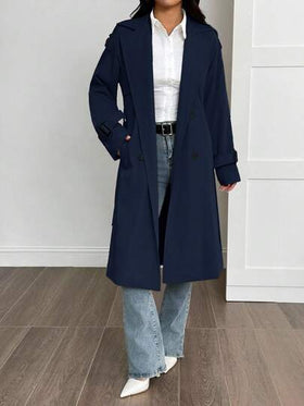 SHEIN PETITE معطف طويل الأكمام كاجوال دافئ بلون أحادي بسيط للنساء
